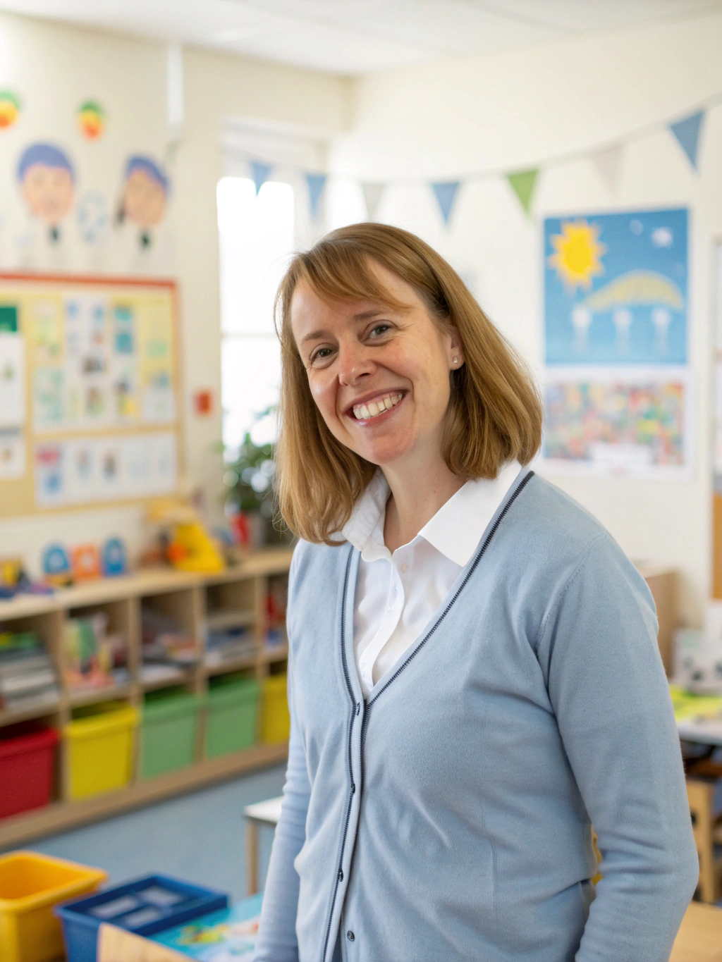 Emma Wilson, British early childhood English specialist in colorful classroom